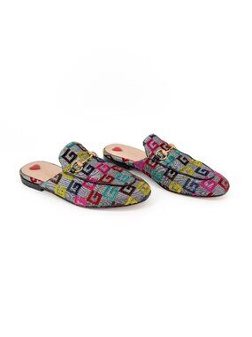 Gucci GG Brocade Princetown Horsebit Flat Mules Silver Size 37 US 7 Women's